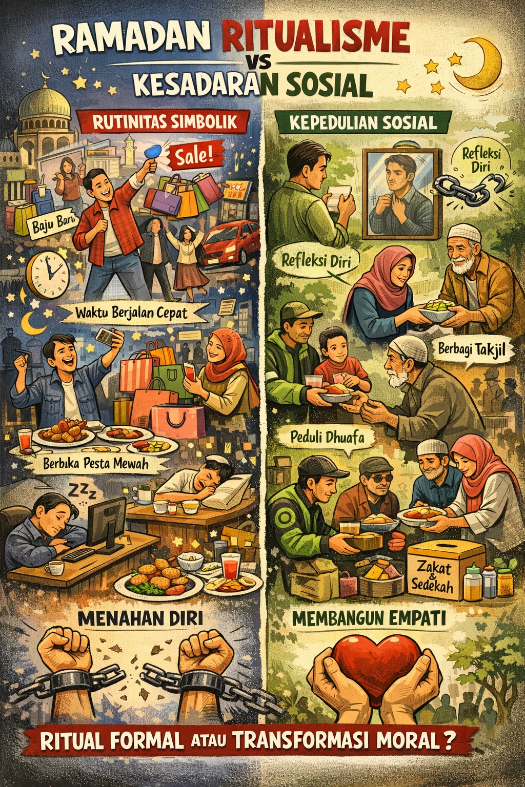 Karikatur ini menggambarkan dua wajah Ramadan dalam kehidupan sosial masyarakat modern: di satu sisi ia dapat tereduksi menjadi rutinitas simbolik yang dipenuhi konsumsi, pesta berbuka, dan euforia belanja menjelang Idulfitri, sementara di sisi lain Ramadan menyimpan potensi besar sebagai ruang pendidikan diri yang melahirkan refleksi moral, pengendalian diri, empati sosial, serta kepedulian terhadap kaum dhuafa melalui praktik berbagi, zakat, dan solidaritas kemanusiaan.
